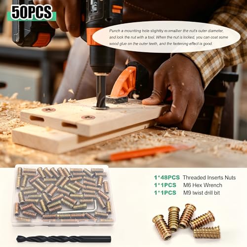 Twidec/50PCS 1/4"-20 Threaded Inserts for Wood Furniture Screw-in Nut Wood Inserts Bolt Assortment Kit with M6 Hex Wrench (1/4"-20 x25mm) N-059-1/4x25 - size: 1/4"-20 x 25mm (50 PCS)