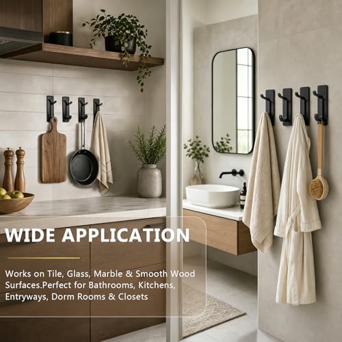 4 Pack Black Stainless Steel Double Wall Hooks, 13LB Strong Adhesive Heavy Duty Stick On Towel Hooks for Bathroom Kitchen Entryway