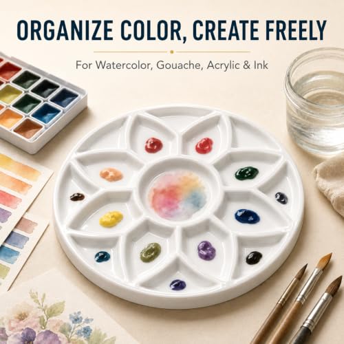7 Inch Ceramic Watercolor Palette, Round White Flower Paint Tray