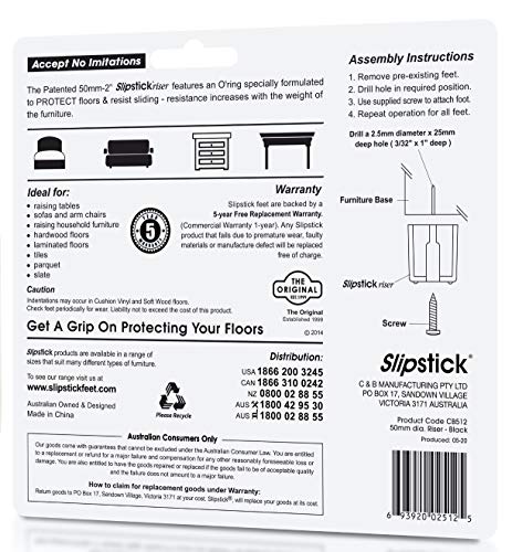 Slipstick CB512 2 Inch Tall Floor Protector Furniture Legs with Non Slip Rubber Grip (Set of 4) 2" Wide x 2" Height - Black Plastic - size: 2" Tall (4 Pack)