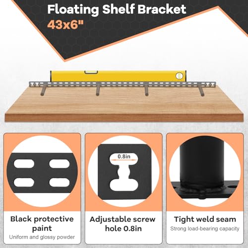 Upgrade 43"x6" Large Floating Shelf Brackets for Wall, Floating Shelf Hardware Hidden, Thickened Solid Steel Floating Shelves Brackets with Jig (43" x 6" x 1.5" with Tools), 3 Year Warranty