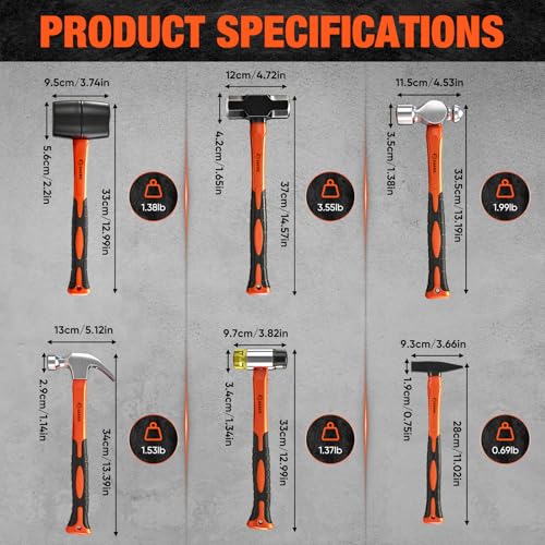 Saker 6-Piece Hammer Set, 3lb Sledge Hammer,16oz Rubber Mallet, 16oz Ball Peen Hammer & Claw Hammer, 14oz Double-Faced Mallet, 7oz Cross Peen Hammer for Home Repair & DIY Projects - size: 6 Piece