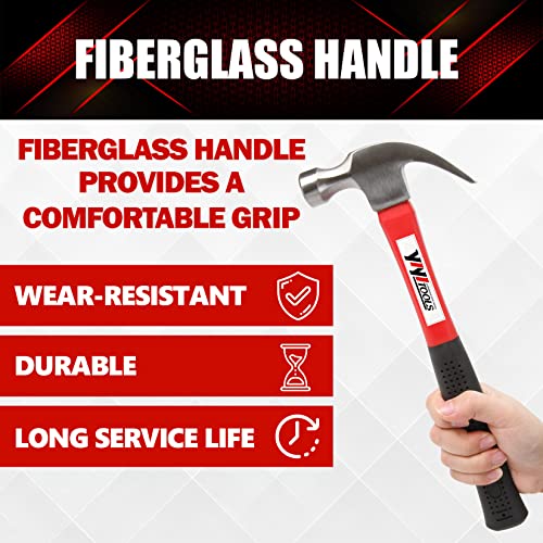 YIYITOOLS Claw Hammer With fiberglass Handle – 16-oz, Red and Black (YY-1-003) - size: 16oz - Fiberglass Handle