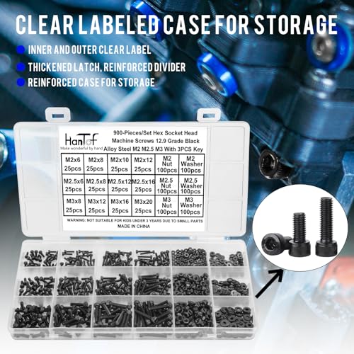 900 Pcs Hex Socket Head Cap Screws Assortment Kit, Small M2 M2.5 M3 Bolts and Nuts Washers Set, Internal Hex Drive Allen Head Machine Screws, Grade 12.9 Alloy Steel Black, Come with Hex Wrench