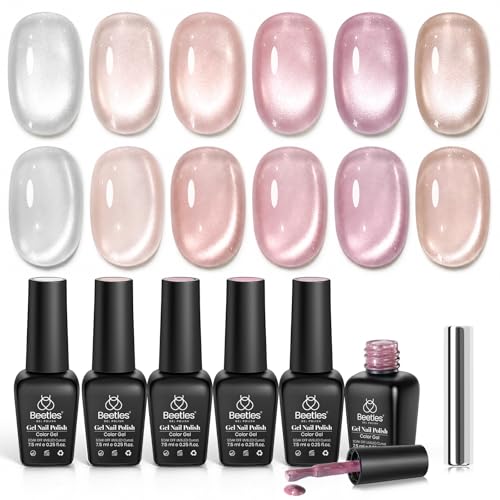 Beetles Nude Cat Eye Gel Nail Polish Set, 6 Colors Nude Gel Polish Kit - color: A - Glass Cat Eye | Nude Reflection