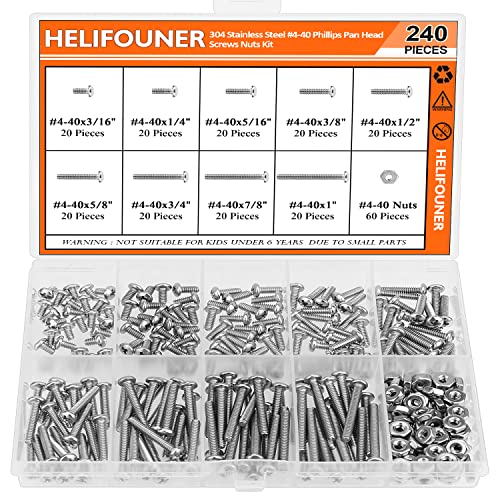 HELIFOUNER 240 Pieces #4-40 Phillips Pan Head Machine Screws Nuts Assortment Kit, Coarse Thread, Fully Machine Threaded, 304 Stainless Steel - size: #4-40, style: Phillips Pan Head