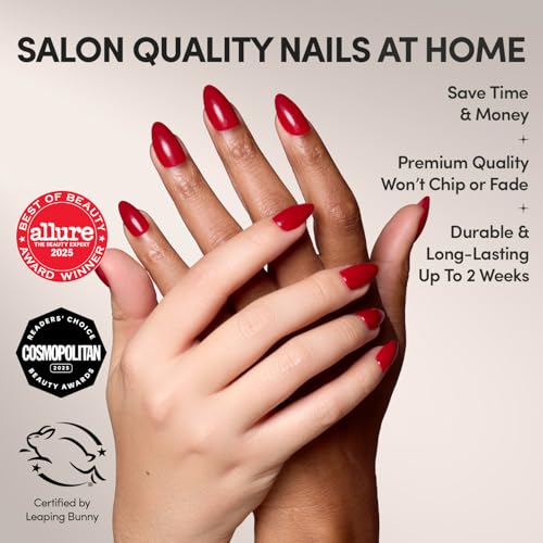 Glamnetic Press On Nails - Short Almond, Glossy Fake Nails 30 Pc Full Kit - color: 3C - Classic Red