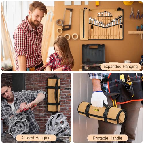 23+1 Pockets Wrench Roll Organizer,Metric/SAE Wrench Roll Up Pouch,No Tools - color: Brown