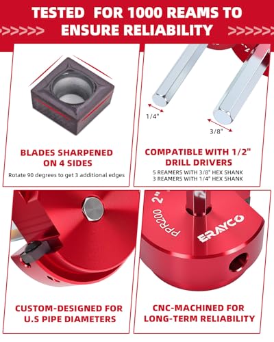 ERAYCO 8-Piece PVC Pipe Reamer Kit with 1/2", 3/4", 1", 1-1/4", 1-1/2", 2", 3", 4" Heads, 4-Sided Carbide Aluminum Fitting Saver, Plumbing Tools for Schedule SCH40 PVC, CPVC or ABS - size: 1/2+3/4+1+1.25+1.5+2+3+4 Inch