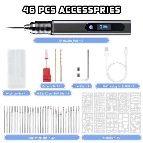 Engraving Pen Kit Cordless Rotary Tool with Carry Case Rechargeable Engraver with 47 Bits for Wood Carving Glass ,Jewelry Making,DIY Crafts,Artists and Hobbyists - size: 43pc