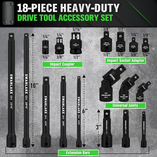 18-piece Impact Socket Extension Set Tools, Swivel Universal Joint, Deep 1/4", 3/8", 1/2" Drive Socket Adapter, Extension Bar, 3 Ratchet Coupler, CR-V Steel Alloy Corrosion-Resistant Mechanic Tools - style: 18-Piece Socket Extension