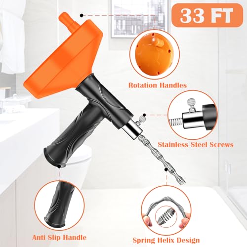 33 Feet Drain Snake Auger, Plumbing Snake Drain Hair Clog Removal Tool, Heavy Duty Toilet Snake Auger, Sink Unclogger Drain Cleaner Tool for Bathroom Kitchen Tub Shower with Gloves