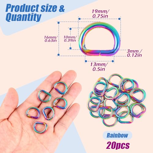 1/2 inch Rainbow D Rings Buckles-20 PCS D-ring Metal D-Shape Buckle Clips-welded Purse Hardware for Bag Making Webbing 13mm - color: Rainbow D-ring-20pcs-1/2 Inch