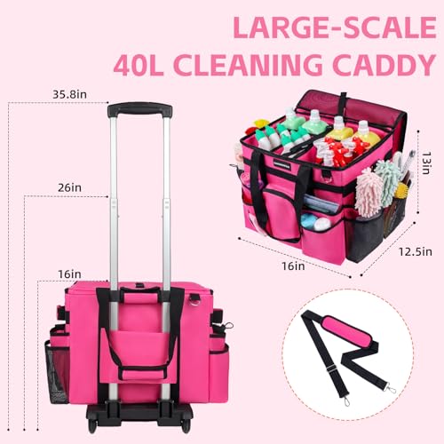 Large Rolling Cleaning Caddy Bag, Cleaning Caddy with Wheels with Detachable Trolley for Housekeepers, Water Resistant Cleaner Supplies Organizer with Wheels for Kitchen, Car, Picnic (Rose-Red)