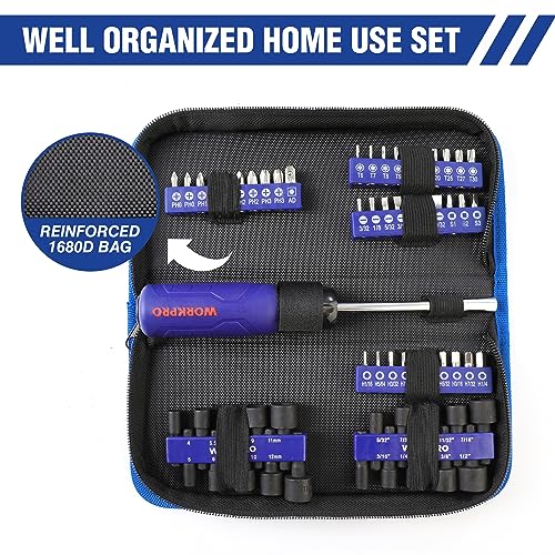 WORKPRO 61PC Magnetic Screwdriver Bits & Nut Driver Set with Organizer Bag, DIY Tools & Equipment for Men Women Mechanic, Herramientas Tool Bit Kit Home Improvement Gift, Metric & SAE