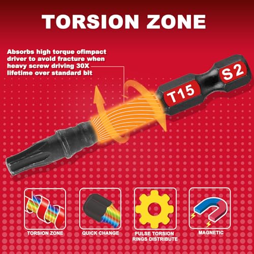 Geinxurn 51 Pieces T15 Impact Tough Magnetic Screwdriver Bit Set, 1 In. #15 Torx Head Power Bit Set, S2 Alloy Steel T15 Star Bit with 1Pcs Impact Bit Holder - size: 2"-51PCS, style: T15