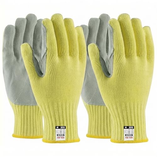 2 Pairs Work Gloves Men Medium, 7-Gauge Aramid Knit with Cowhide Leather Palm, Heavy Duty Cut Resistant Safety Gloves for Glass Handling, Metal Fabrication, Construction & Woodworking - size: 2pcs-Medium, style: Aramid Leather