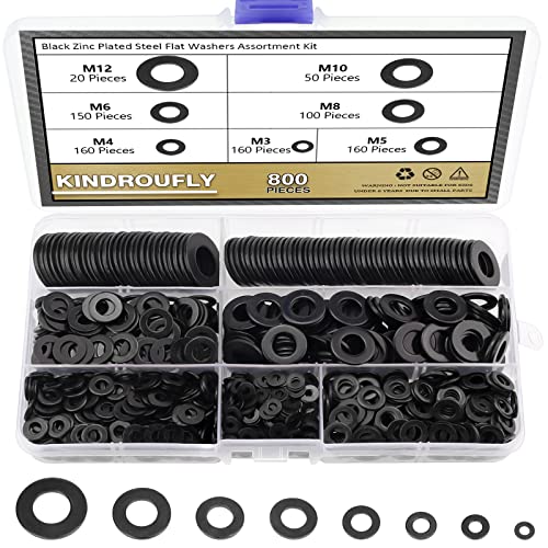 800 Pieces Black Zinc Plated Steel Flat Washers, Fender Washers, Kindroufly 7 Sizes Flat Washers, Lock Metal Washers Assortment Kit (M3 M4 M5 M6 M8 M10 M12)