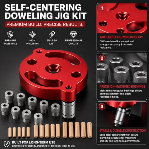 Self Centering Doweling Jig – Handheld Drill Guide for Woodworking, Straight Hole Locator & Dowel Hole Puncher, Fits 2/3/4/5/6/7/8/9/10mm Drill Bits