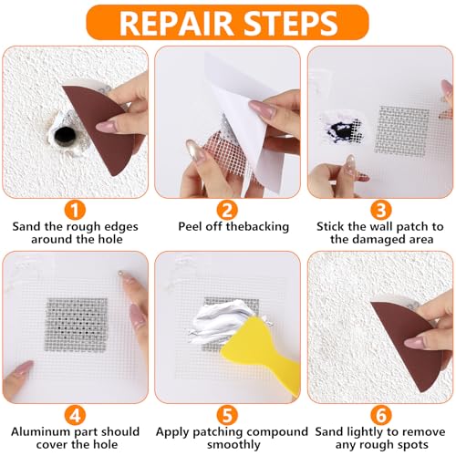 22 Pcs Drywall Repair Kit, 2/4/6/8 Inch Dry Wall Patch Kits, Self Adhesive Aluminum Mesh with Scraper and Sandpaper for Hole Repair