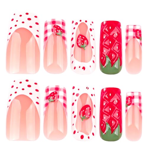 Strawberry Press On Nails Long Square 24pcs, Cute Fruit False Nails with Red Strawberry 3D Design, Pink Gingham French Tips Fake Nails, Glossy Stick On Acrylic Nails Reusable Nail Kit for Women Girls - color: 35-Nude Strawberry