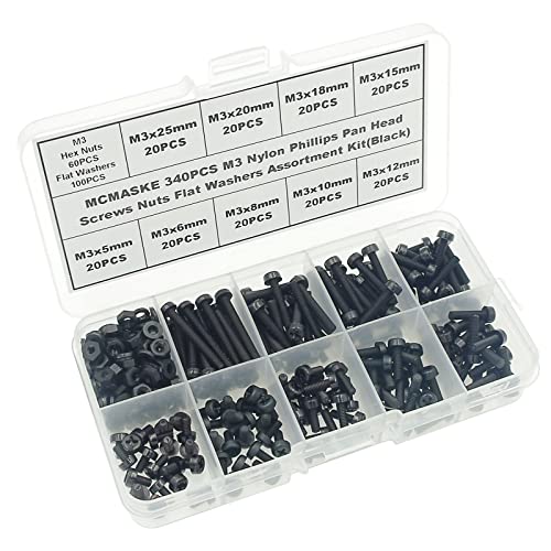 Metric M3 Phillips Pan Head Nylon Screws Nut Washer Assortment Kit,Screws Length:5mm to 25mm(Black) - size: M3