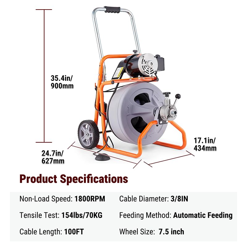 HoldwellS Drain Cleaner Machine 100Ft x 3/8", Electric Drain Auger Snake - color: 100FT x 3/8inch