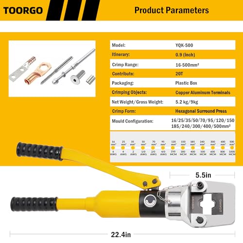 Cable Lug Crimping Tool, 6 AWG to 1000 MCM Hydraulic Plier, 20 Ton Hand Crimping Tool for Wires, Terminal, Lug, Crimping Tool Kit with 13 Dies