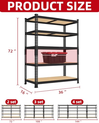 PrimeZone 5-Tier Garage Storage Shelves, Adjustable Metal Shelving, Black - size: 36"W x 16"D x 72"H