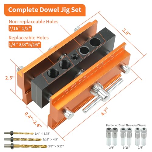 Self Centering Doweling Jig Kit - Adjustable Width Dowel Jig Kit for Straight Holes, Biscuit Joiner Set, 6 Bushings, 3 Size Drill Bits - Woodworking Precision Tool