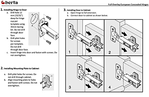 Berta (4 Pieces) Full Overlay Frameless European Hinges 105 Degree 2-Cam 4-Way Adjustable Concealed Kitchen Cabinet Door Hinges with Screws - size: 4