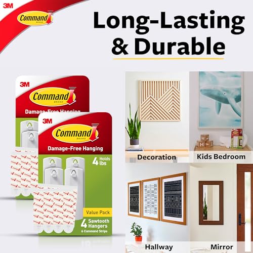 Command Sawtooth Picture Hangers, Damage Free Hanging Frame Hangers, No Tools Wall Hooks for Hanging Sawtooth Frames in Living Spaces, 8 White Picture Frame Hangers and 16 Command Strips - size: 2 Pack