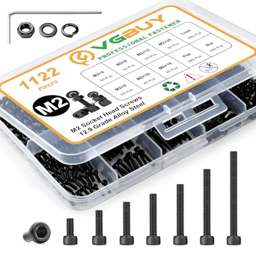 VGBUY 1122Pcs M2 Screws Kit,Black M2 Screws (7 Sizes 4-20mm),Hex Socket Head Cap Small Metric Bolts Nuts Assortment,12.9 Grade Alloy Steel,Black Oxide, 4/6/8/10/12/16/20mm - size: M2x4/6/8/10/12/16/20mm, style: Socket Head