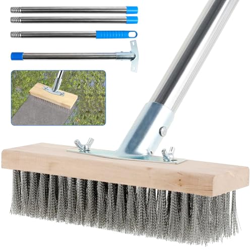 Stainless Steel Deck Brushes for Scrubbing Heavy Duty, 65" Deck Scrub Brush with Long Handle - Concrete Scrub Brush Stiff Metal Bristle Concrete Brush for Cleaning Moss Patio Garage Garden Pool Floor