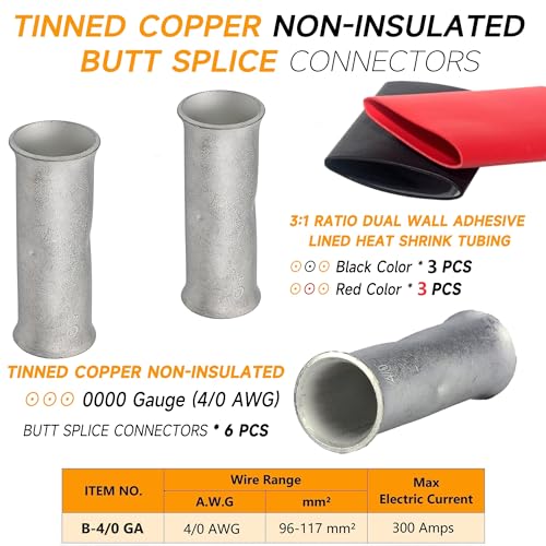 SVAAR 0000 Gauge Flared Barrel Butt Splice Connectors Kit 6PCS 4/0 AWG Non-Insulated Butt Connectors Tinned Copper Marine Grade Flared Compression Butt Splices Crimp Butt Terminals+6 PCS Heat Shrinks - color: Tinned Copper