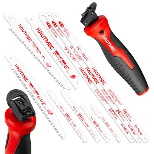 HAUTMEC 10-In-1 Multipurpose Hand Saw for Wood, Metal, Plastic & Drywall, Compact Hacksaw with Tool-Free Blade Change, Self-Locking Handle, Blade Storage Box & 10 Professional Saw Blades – HTHSH25032
