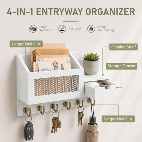 FifthQuarter Key Hanger Wall Mount with Drawer and 6 Sturdy Hooks, B-White - color: B-White