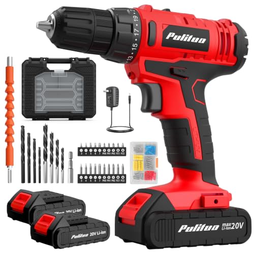 PULITUO 20V Cordless Drill Set, 2 Batteries Electric Screwdriver, 30Nm Power Drill Driver, 21+1 Torque, 2 Speed, 3/8"Keyless Chuck, power Drill with LED Light, Drill Driver Kit for Home (Red) - style: Box-Red