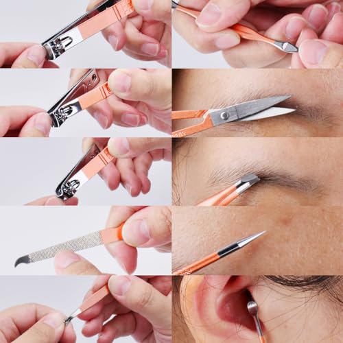 HANTEKAS Manicure Set 10 in 1 Stainless Steel, Nail Clippers Scissors Pedicure Tools Kit - Portable Travel Grooming Kit for Men and Women with Leather Case (Rose gold) - color: Rose Gold