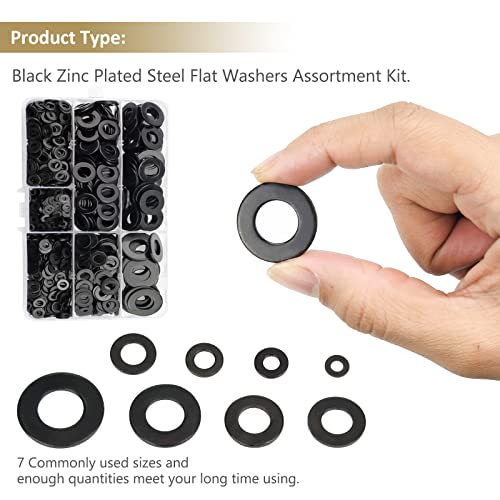 800 Pieces Black Zinc Plated Steel Flat Washers, Fender Washers, Kindroufly 7 Sizes Flat Washers, Lock Metal Washers Assortment Kit (M3 M4 M5 M6 M8 M10 M12)