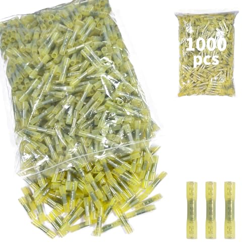 1000Pcs Heat Shrink Butt Connectors,12-10 AWG Yellow Marine Grade Insulated Crimp Wire Connectors,Waterproof Electrical Connectors Butt Splice for Cable,Automotive,Boats,Home - size: [12-10 AWG] x 1000