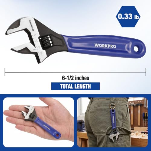 WORKPRO 6-Inch Compact Adjustable Wrench, Wide Jaw Cr-V steel Wrench - color: Blue, size: 6-Inch