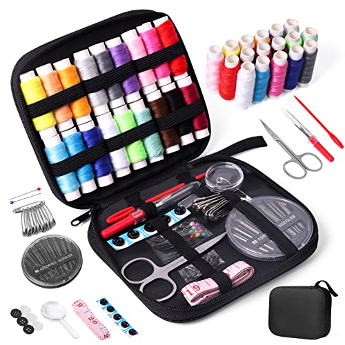 JUNING Sewing Kit with Case Portable Sewing Supplies for Mom Grandma Women Men Teen Girls Boys Home Traveler, Adults, Beginner, Emergency, Contains Thread, Scissors, Needles,Measuring Tape and More - size: B-Threads