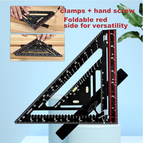 7 Inch Foldable Carpenter Square, Multi-Purpose Speed Square with T-Ruler, Rafter Square,Protractor, Angle Measuring & Marking Gauge for Woodworking, Carpentry & Layout (Dark-with jig) - color: Dark-with jig