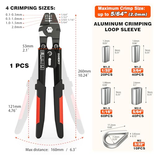 Sanuke Wire Rope Crimping Tool Kit, Swage for 3/64 1/16 5/64 inch Sleeves | Cutter & Crimper Plier with 160pcs Aluminum Crimping Loop Sleeve and 10pcs Stainless Steel Thimble