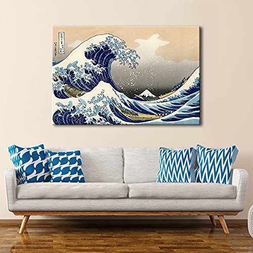 Wieco Art Great Wave of Kanagawa Katsushika Hokusai Giclee Canvas Prints Wall Art Abstract Seascape Pictures Paintings for Living Room Home Decorations Large Modern Stretched and Framed Sea Artwork - size: 36"L x 24"W