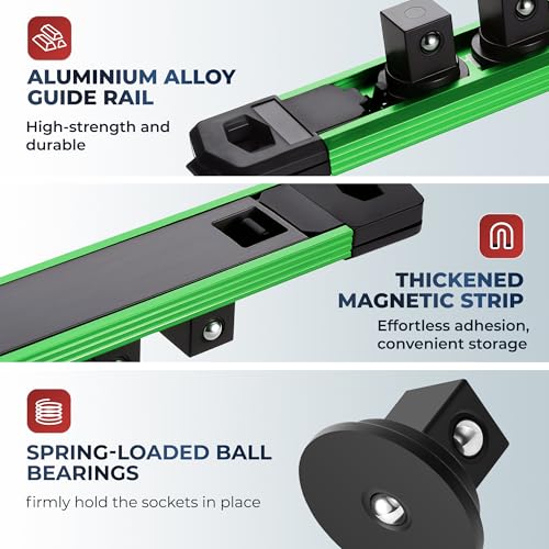 Reniteco Magnetic Socket Organizer, 3/8” Aluminum Alloy Rail, 14 Clips - color: Green, size: 3/8-inch Drive