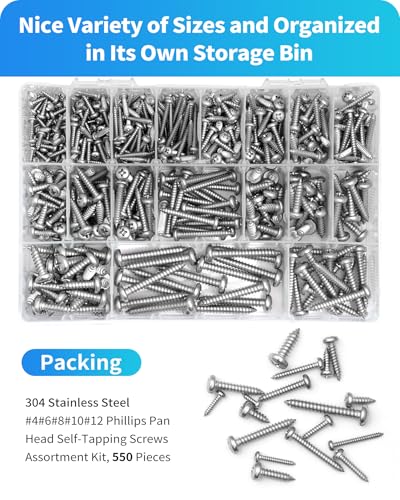 550Pcs 304 Stainless Steel Wood Screws Assortment Kit, Phillips Pan Head Sheet Metal Screw Self Tapping Screws Set, #4#6#8#10#12 Wood Assorted Screws, Length 1/4" to 1-1/2" (Pan Head 550PCS) - style: Pan Head 550PCS