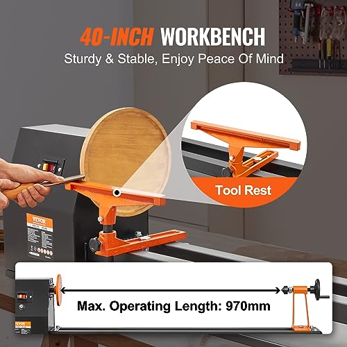 VEVOR Wood Lathe, 14 in x 40 in, 4 Speed Adjustable 885/1245/1715/2425 RPM 0.5 HP 370W Power Wood Turning Lathe Machine with Chisels Faceplate Plastic Handle Hex Wrench for Woodworking - size: 14" x 40"-0.5HP