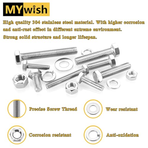 Mywish 254Pcs Nuts and Bolts, 1/4 20 5/16 18 3/8 16 Bolt, Heavy Duty 304 Stainless Steel Bolts and Nuts Kit with Flat Spring Washers, Includes 10 Common Sizes, Fully Threaded - size: 254 Pcs Mixed Size Kit - Silver